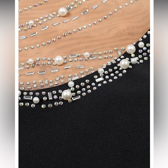 BLACK HEART SHAPED RHINESTONE PEARL NUDE MESH ONE SHOULDER FULL LENGTH GOWN XL - Picture 10 of 16